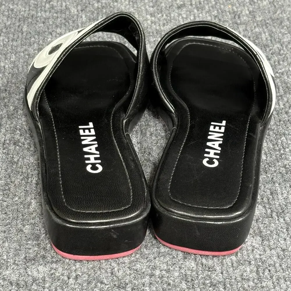 Chanel Cambon Slide Sandals Womens 5.5 Black Leather Quilted Logo Flat Shoe Pink